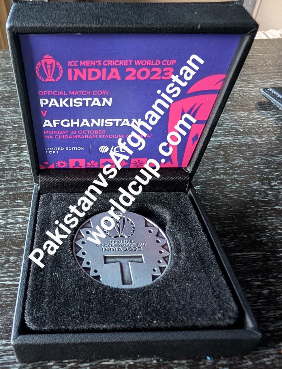 Official ICC Match-Used Toss Coin — Afghanistan vs Pakistan, ICC Men's Cricket World Cup 2023, MA Chidambaram Stadium, Chennai, 23 October 2023. ICC Certificate of Authenticity. Limited Edition 1 of 1.