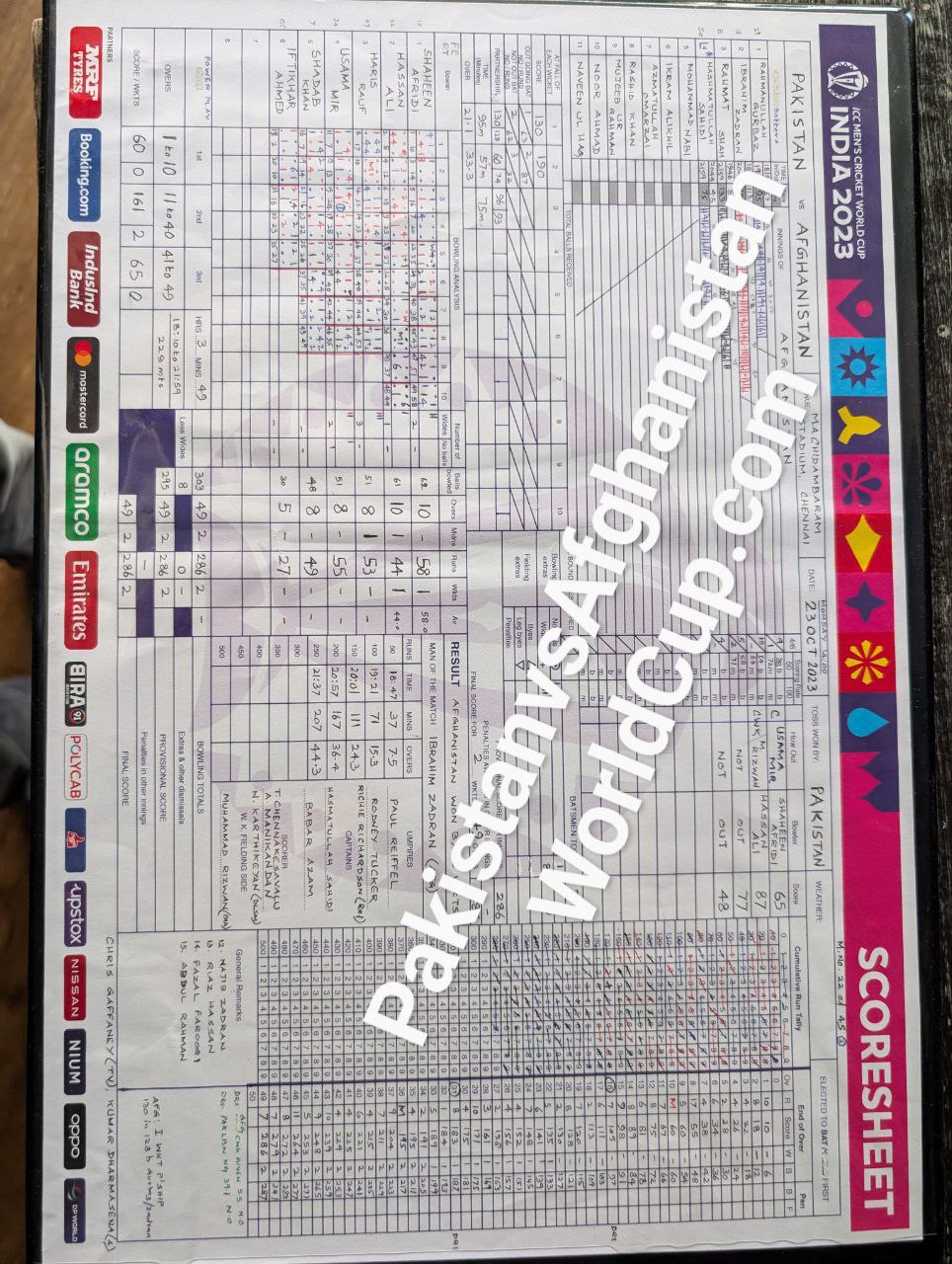Official ICC Original Hand-Written Match Scorecard — Afghanistan vs Pakistan, ICC Men's Cricket World Cup 2023, MA Chidambaram Stadium, Chennai, 23 October 2023. Afghanistan won by 8 wickets. ICC Certificate of Authenticity. Limited Edition 1 of 1.